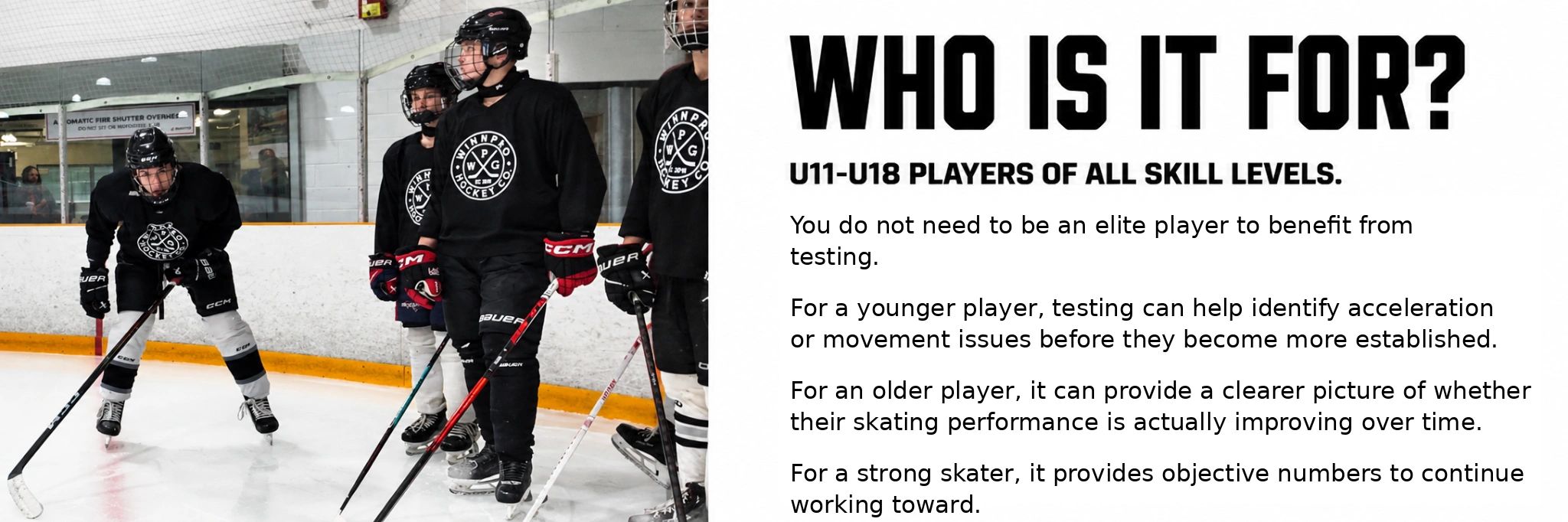 Young hockey players preparing on ice for testing.