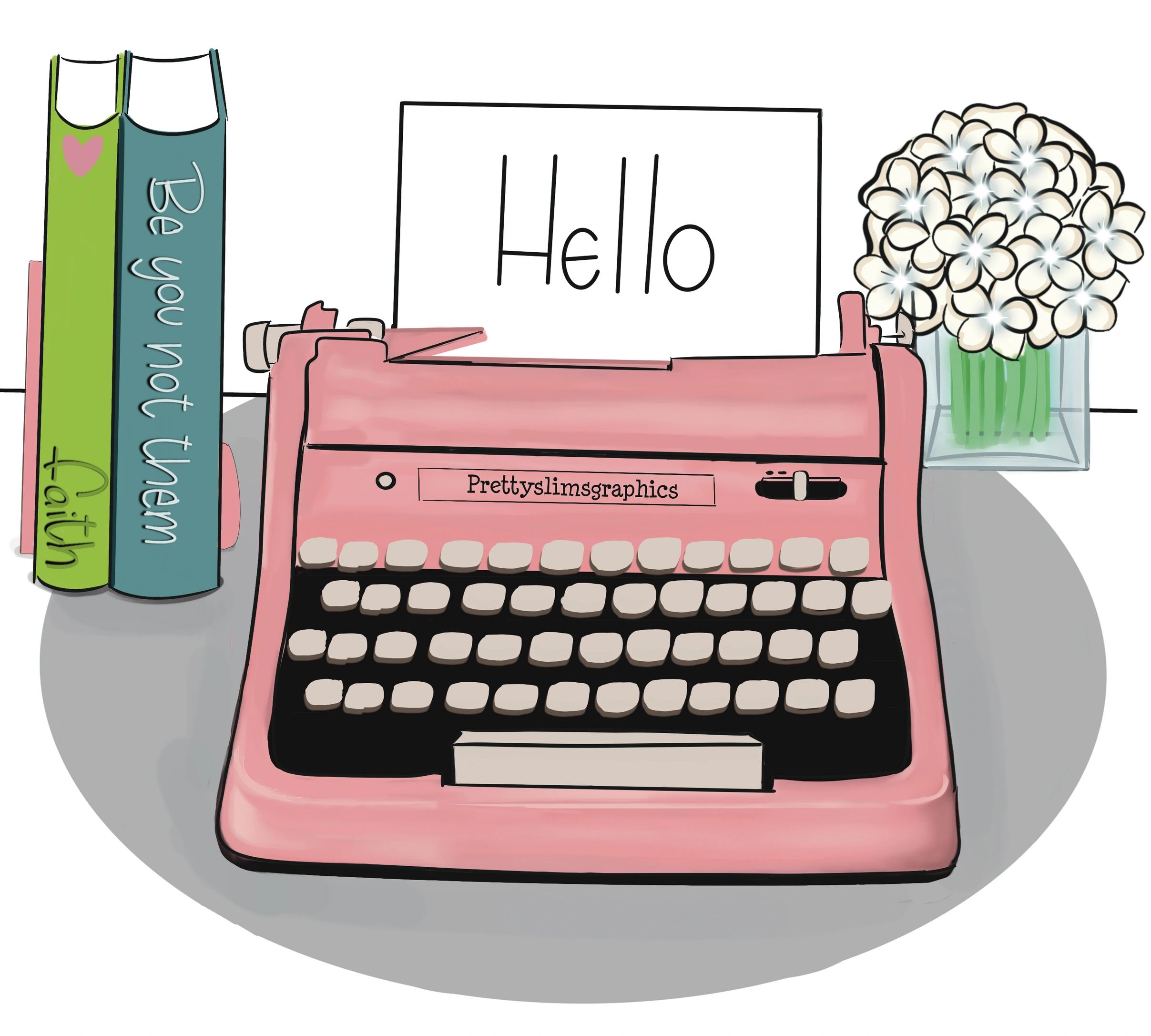 soft pink old-fashioned typewriter, two books, and a vase of white hydrangea flowers.