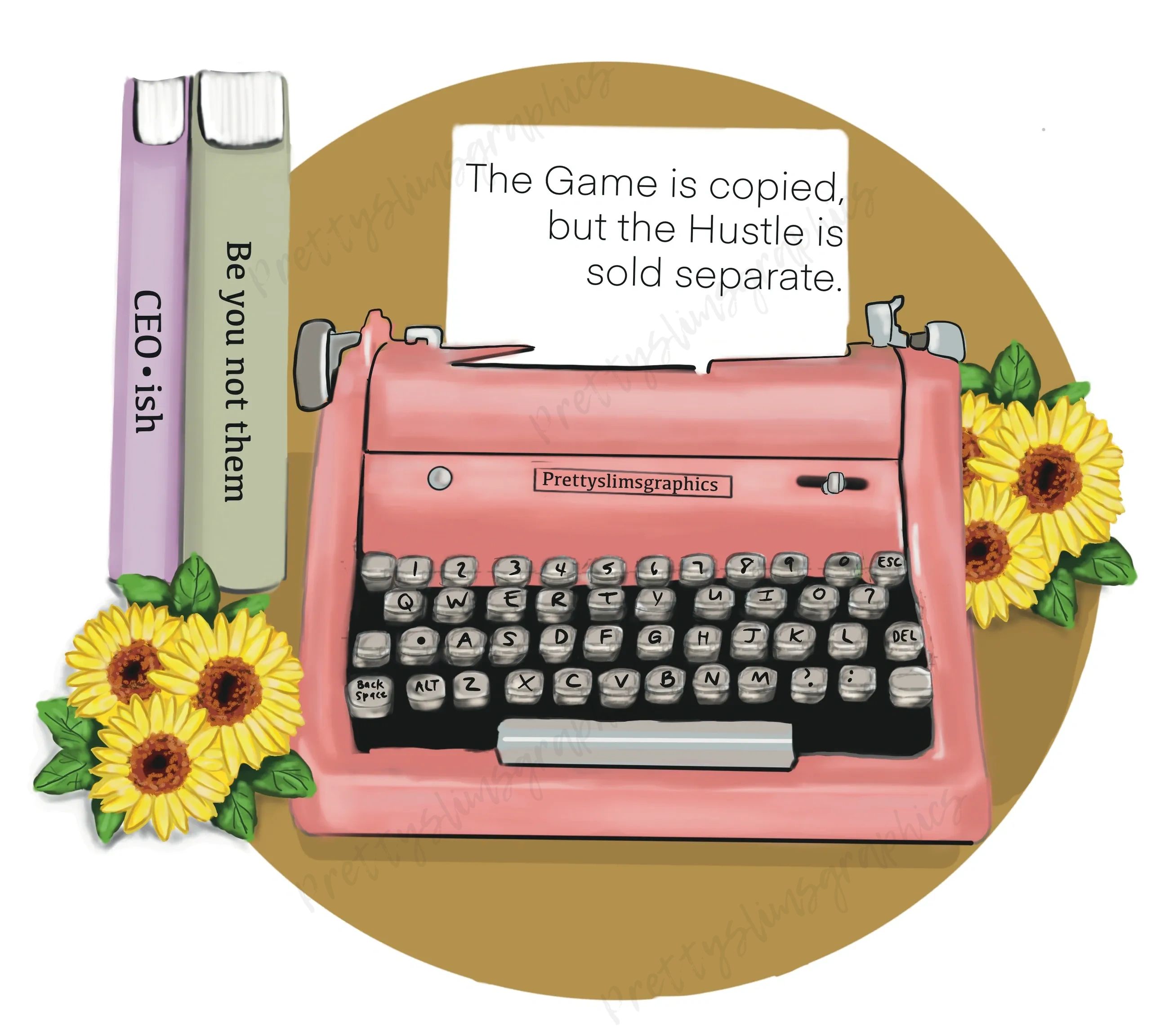 soft pink old-fashioned typewriter, two books, and sunflowers.