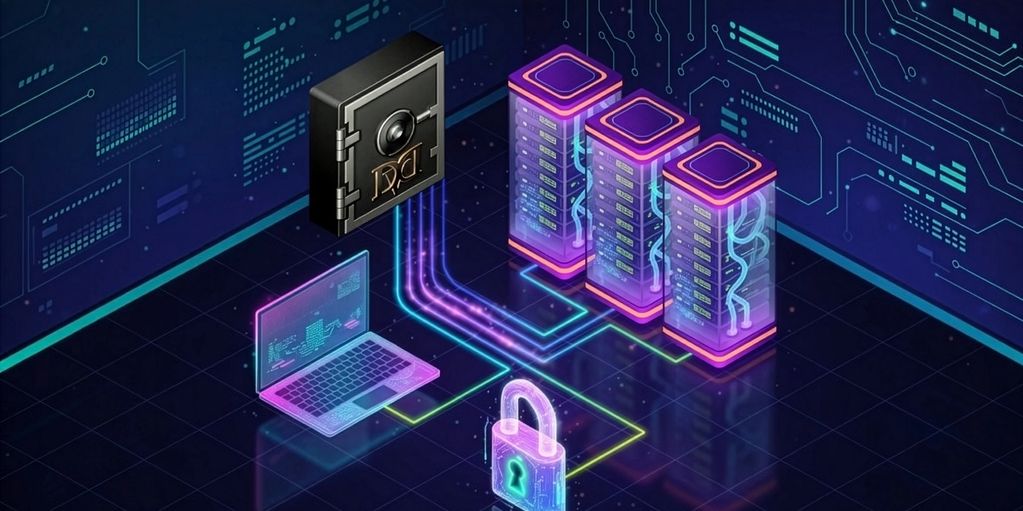 Digital security concept with encrypted data flow between laptop, servers, and a secure vault.