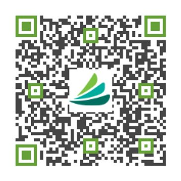 QR code with green and black pattern and central logo.