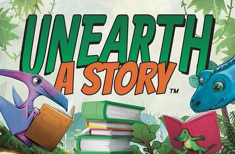Colorful dinosaurs reading books with the title "Unearth A Story" in the background.