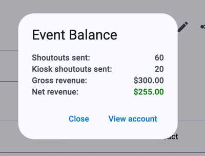 Event balance summary showing shoutouts sent and net revenue.