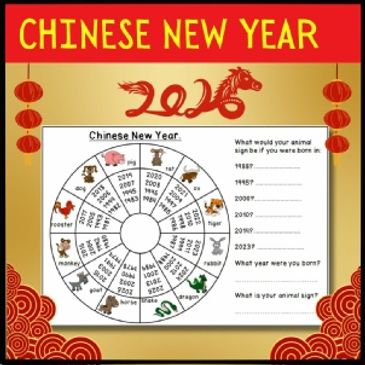 Chinese New Year wheel displaying the years associated with each animal on a worksheet