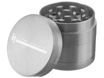 Silver metal herb grinder with lid.