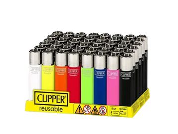 A colorful display of Clipper reusable lighters.