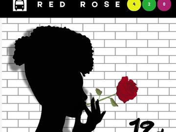 Silhouette of a woman smelling a red rose against a brick wall.