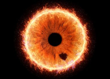 Fiery eye with a heart-shaped pupil.