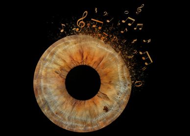 Iris turning into floating musical notes.