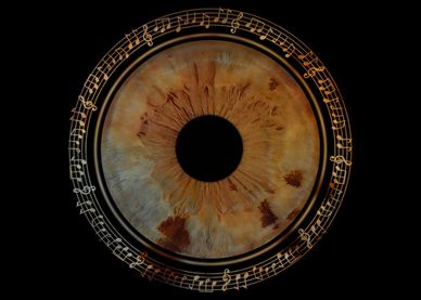 Human iris with musical notes around it.