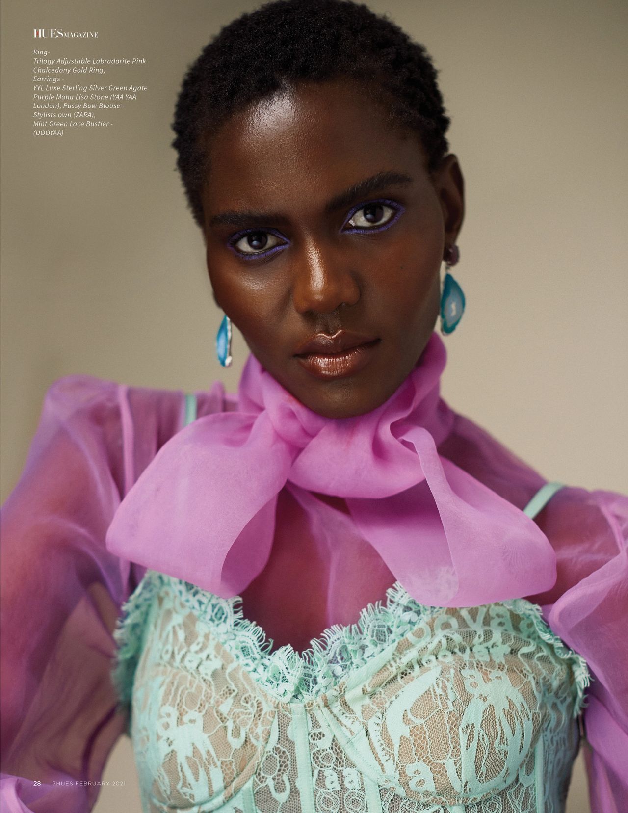 YAA YAA LONDON as featured in 7Hues Magazine February 2021. The model wears our YYL LUXE Sterling Silver Green Agate Purple Stone Earrings