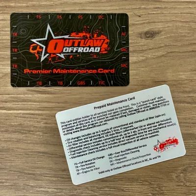 Outlaw Offroad charlotte maintenance card oil chance air filter diagnostic tire balance rotation