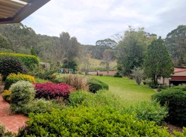 A lush garden with various shrubs and a grassy field.