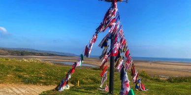 Tibetan prayer flags on the Welsh coast path 