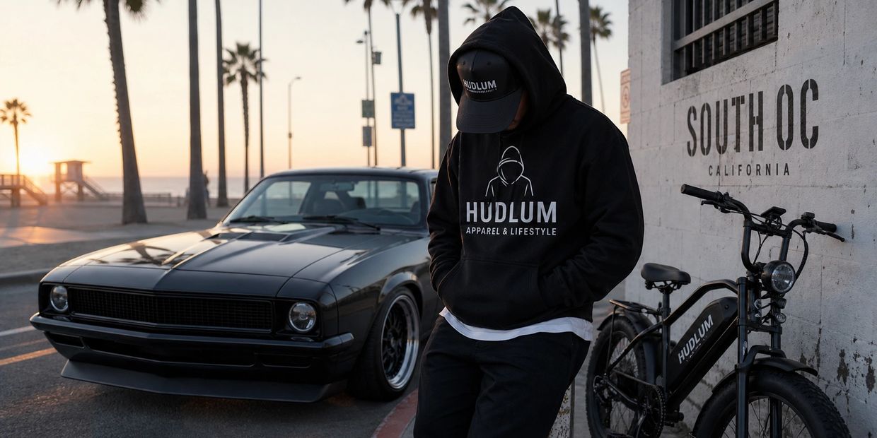 Man in black HUDLUM hoodie and cap stands by a classic black car and bike at sunset in South OC, California.
