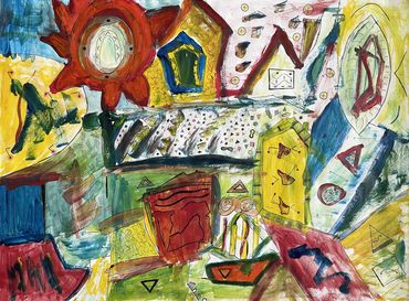 Abstract colorful painting with geometric shapes and bold brushstrokes.