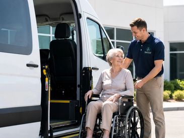 Caregiver assisting elderly woman in wheelchair into a van.