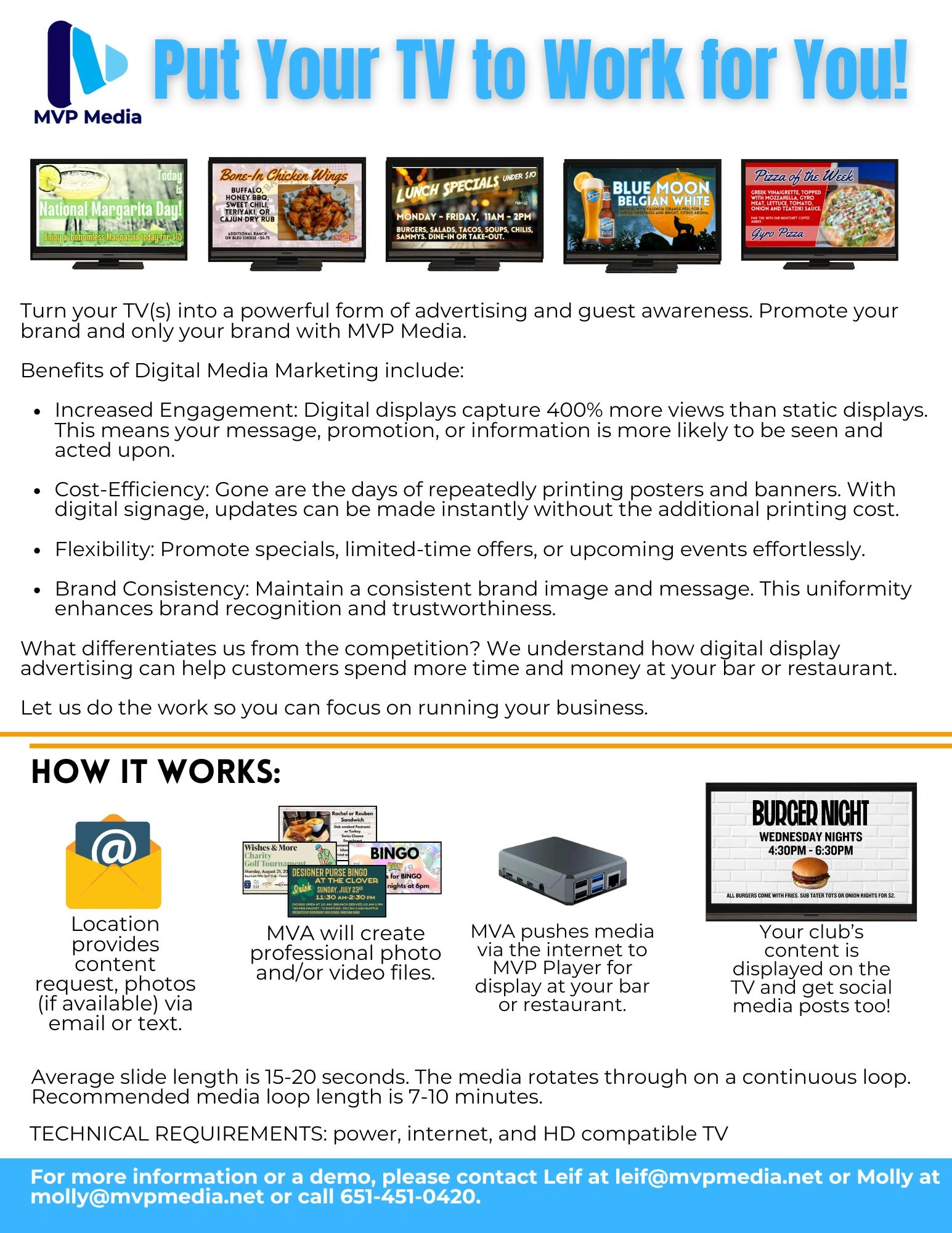 MVP Media offers digital advertising for bars and restaurants via TV screens.