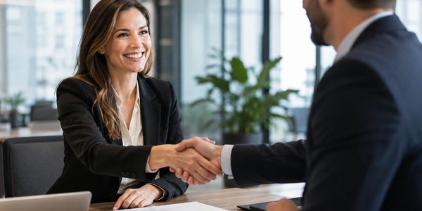 Business meeting handshake between man and woman.