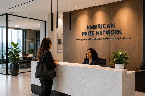Reception area with two women interacting at American Prize Network.