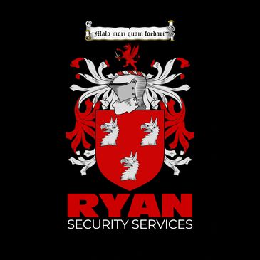 Coat of arms with griffin heads and a knight helmet for Ryan Security Services.