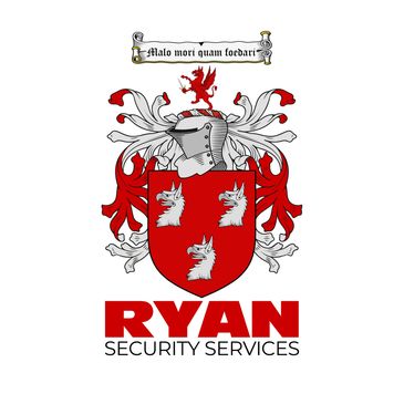 Ryan Security Services logo featuring a red shield with three white griffin heads and a knight's helmet.