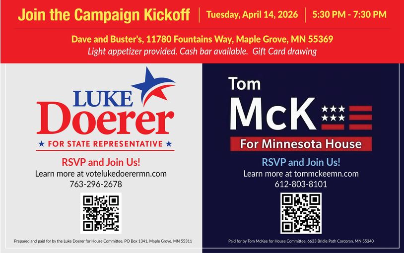 Campaign kickoff event for Luke Doerer and Tom McK on April 14, 2026.