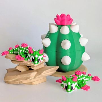 3D printed cactus dragon with blooming flowers, cactus egg, and desert fantasy decor.