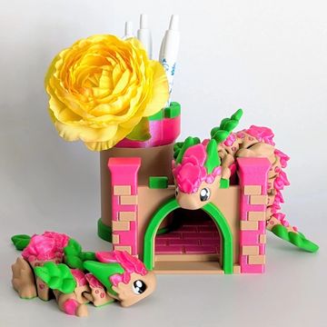 Cherry blossom Sakura dragon with matching castle pen holder and spring fantasy decor.