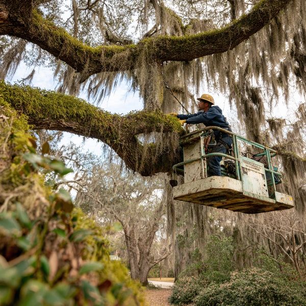 Worker on a lift trimming moss-covered tree branches.