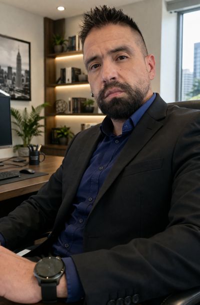 Serious man in a suit sitting confidently at his office desk.