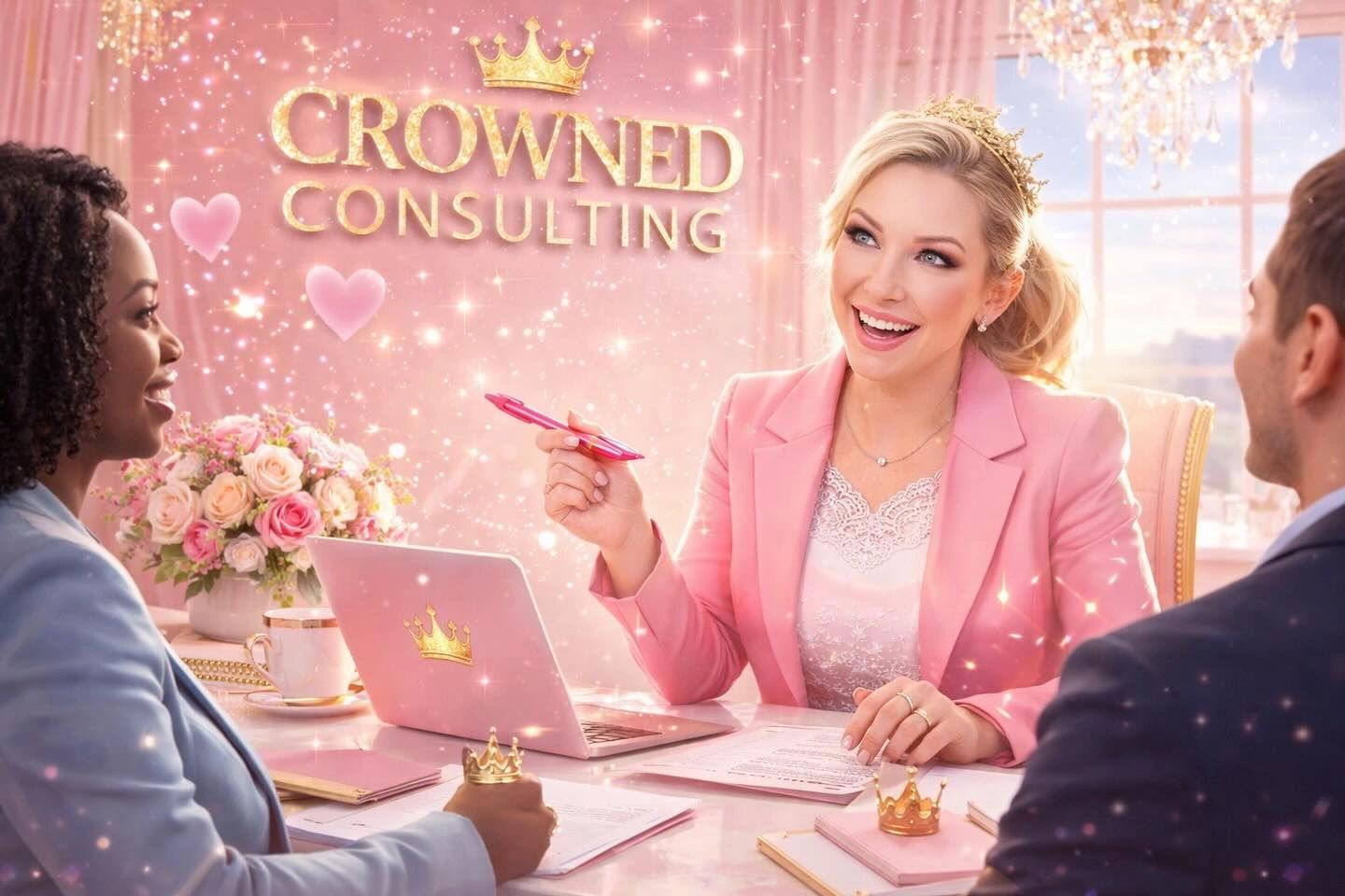 Consulting session at Crowned Consulting with a pink and gold theme.