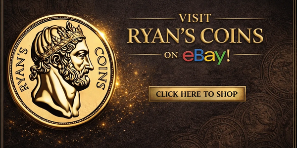 Golden coin with a Roman figure, promoting Ryan's Coins on eBay.