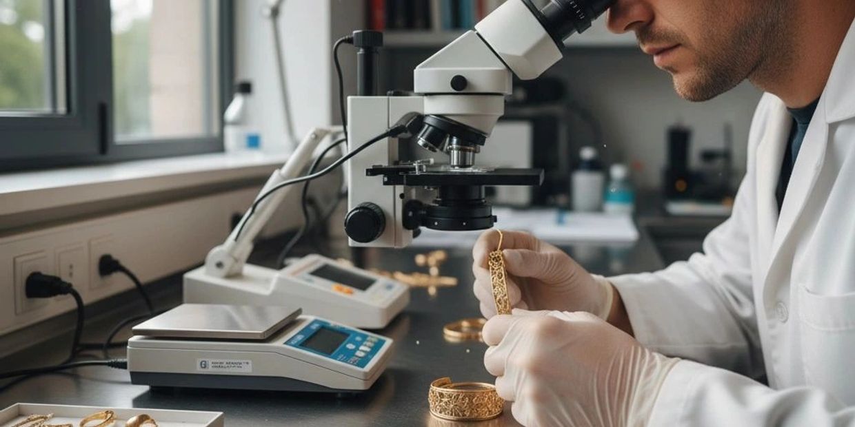 Scientist examining jewelry under a microscope in a lab.