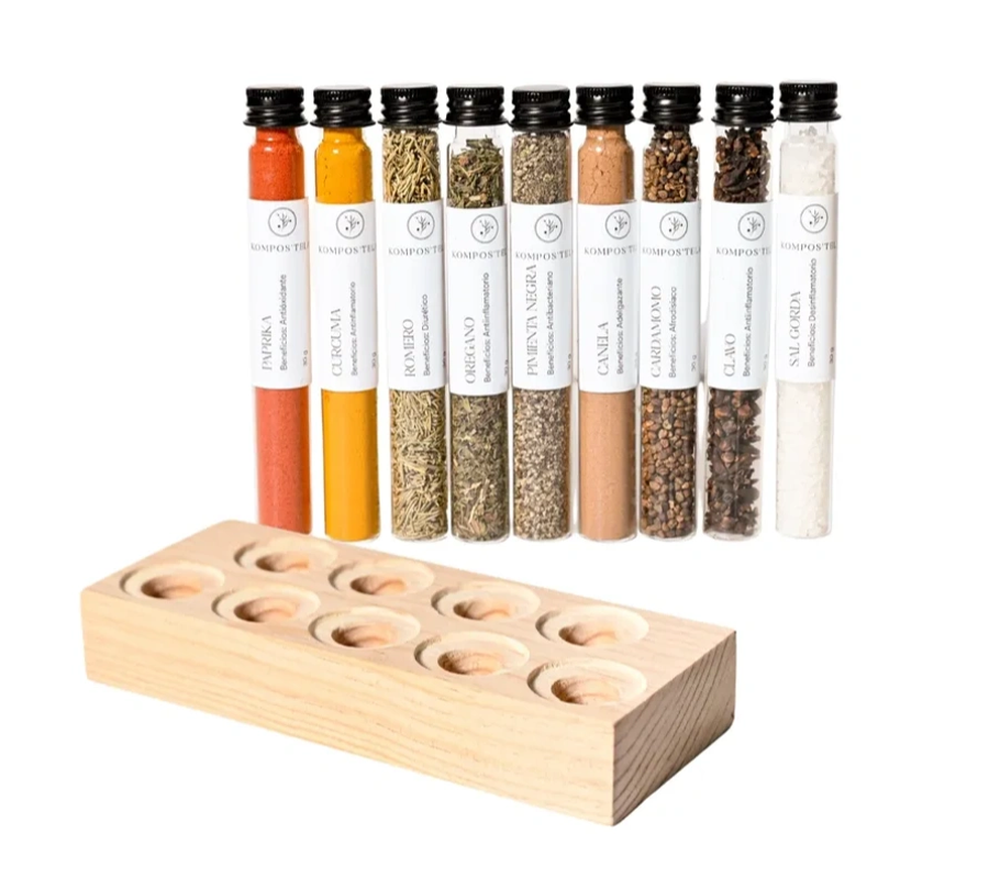 Especias gourmet con base de madera