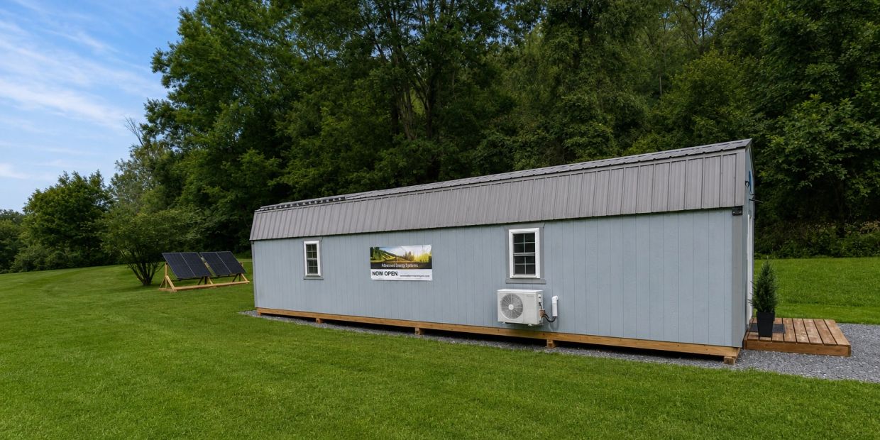 A tiny house with solar panels in a green landscape.