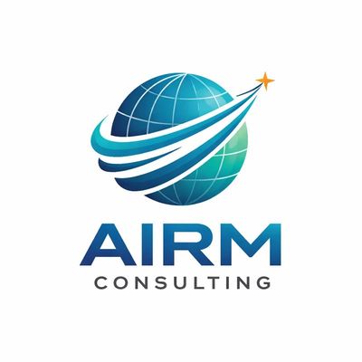 Logo of AIRM Consulting featuring a globe and a star.