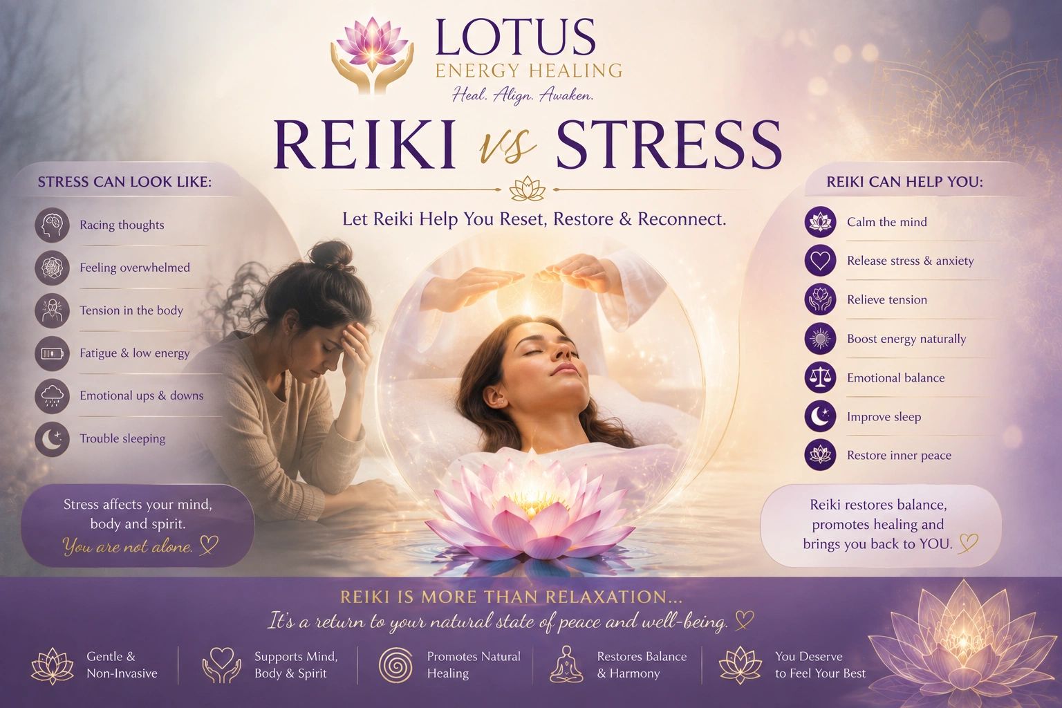 Infographic on how Reiki helps reduce stress and restore balance.