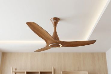 Modern wooden ceiling fan with light.