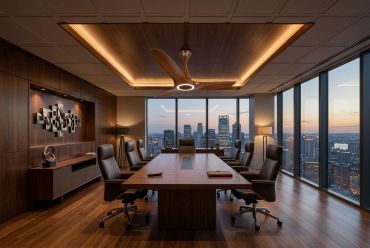 Modern conference room with city skyline view at sunset.