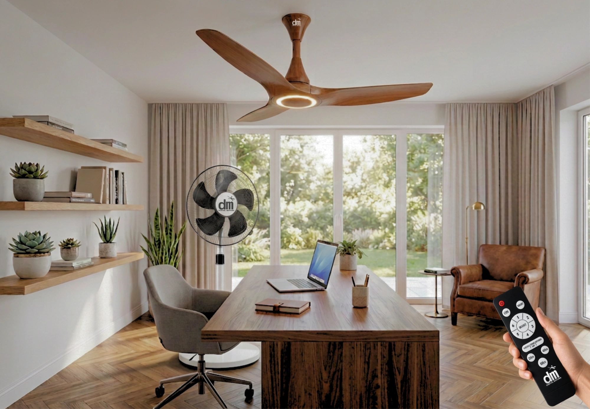 Modern home office with ceiling fan and remote control.