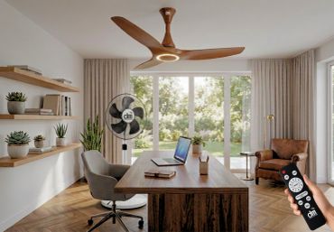 Modern home office with ceiling fan and remote control.