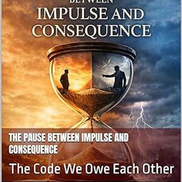 Hourglass showing two men with different backgrounds and a message about impulse and consequence.
