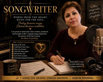 Female songwriter in recording studio with notebook and microphone.
