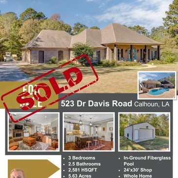 Sold home at 523 Dr Davis Road, Calhoun, LA with 3 bedrooms and a pool.