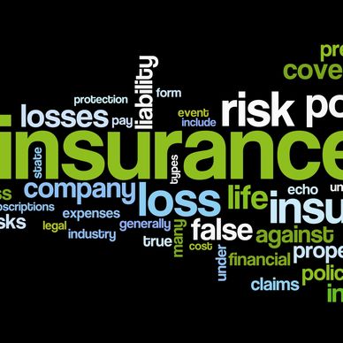 Word cloud centered on insurance concepts and related terms.