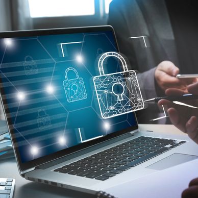 Digital security concept with padlocks on a laptop screen.