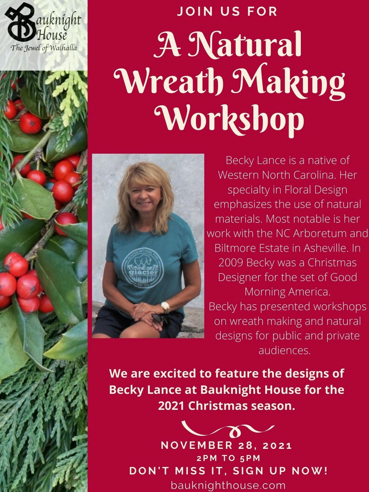 Workshop on natural wreath making with Becky Lance at Bauknight House, Nov 28, 2021.