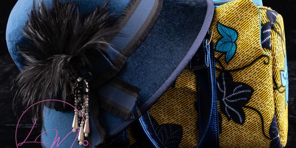 Yellow and blue hand made purse and Flapper hat.