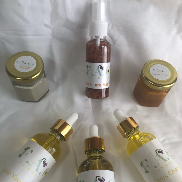 Organic cosmetics which includes: various facial serums and facial masks, and a rose water toner